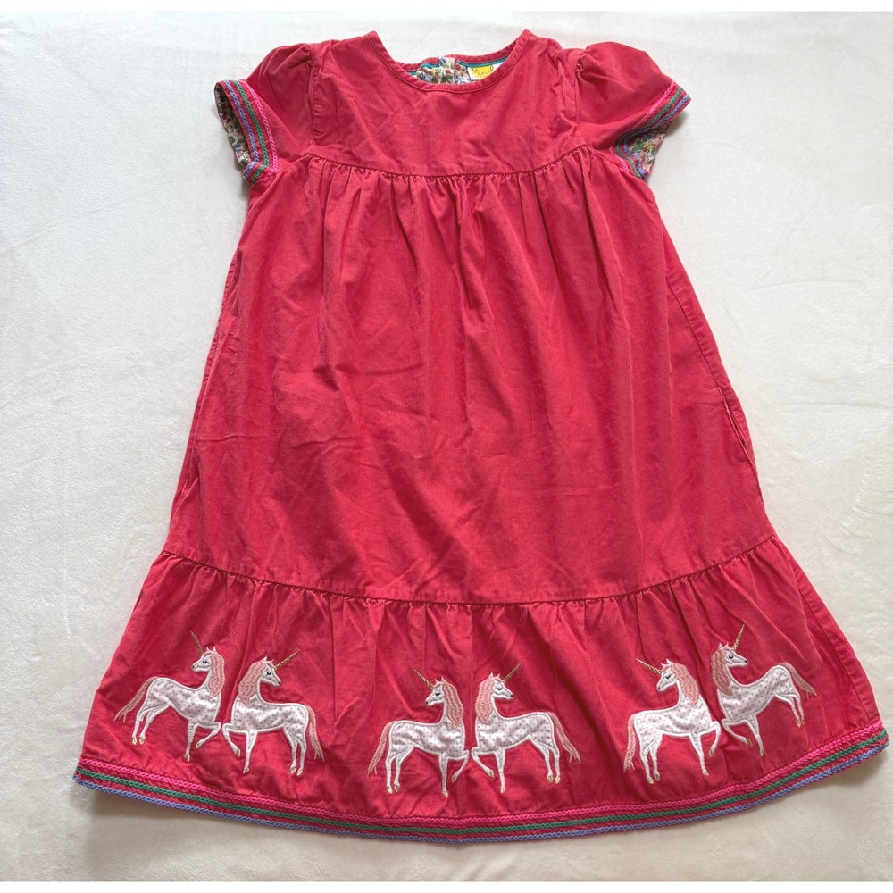 Mini‎ Boden Unicorn Corduroy Dress Kids 11-12Y Pink Embroidered Tiered Hem